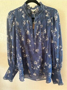 Max Studio indigo Blue Floral Long-Sleeve Blouse